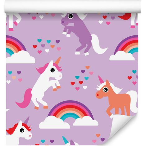 Papier peint licornes arc-en-ciel cœurs pour salon et chambre 50x1000 cm (1/5)