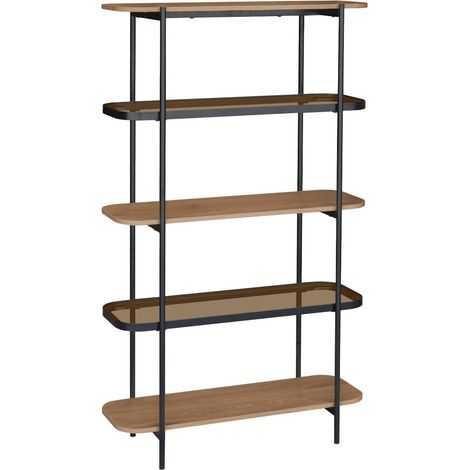 sweeek - Bücherregal aus Glas, Holzdekor und Stahl mit 5 Ebenen