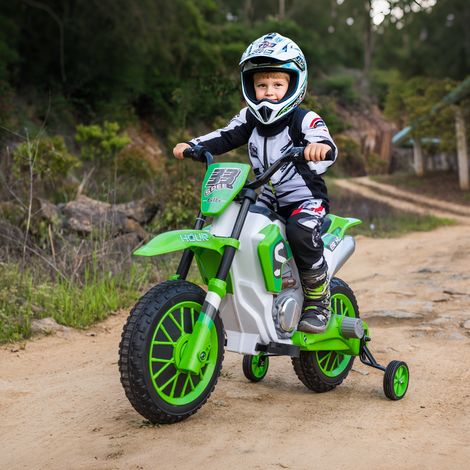 HOMCOM Moto Cross électrique pour Enfant 3 à 5 Ans 12 V 3-8 Km/h avec roulettes latérales Amovibles dim. 106.5L x 51.5l x 68H cm Vert