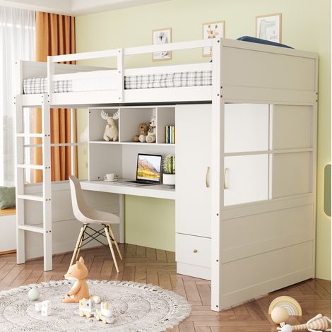 Cama alta 90x200 con escritorio y armario de madera DESVIAE (1/5)
