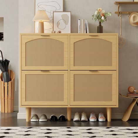 Schuhschrank mit 4 Klappfächern, Rattan-Kommode mit Metallgriffen, Schuhregal für Flur, Schlafzimmer oder Wohnung, Landhausstil, 100 x 25 x 90 cm