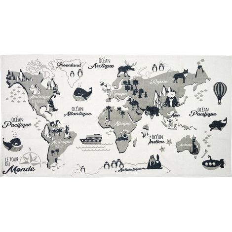 Tapis Enfant "Mappemonde" 70x140cm Blanc & Gris (1/4)