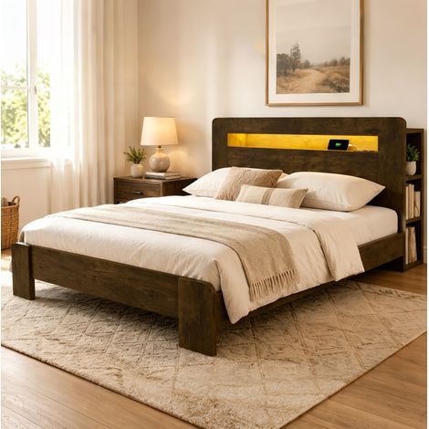 Bettgestell modern aus Holz in Vintage-Optik 140x200 cm mit Stauraum-Kopfteil, LED und integrierten Steckdosen (1/5)