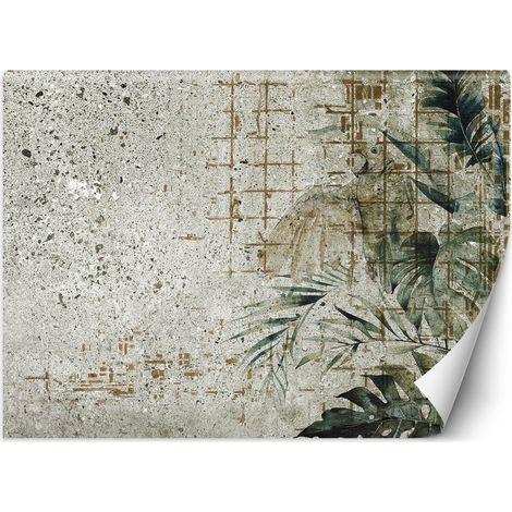 Papier peint mural, Béton Perroquet Oiseau Feuilles Monstera Vert - 100x70 (1/5)