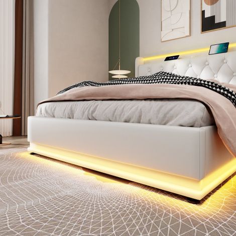 Polsterbett einzelbett, 360-Surround-LED-Funktion, Drucktaste/App/Fernbedienung, Material Hydraulisches Lagerbett, gepolstertes Kopfteil mit USB Typ-C Ladefunktion (Ohne Matratze)