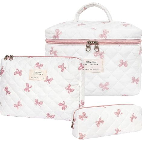 Juego de 3 neceseres de maquillaje para mujer con estampado floral, neceser acolchado floral de algodón suave, neceseres de viaje para mujer con diseño de mariposa (rosa A)