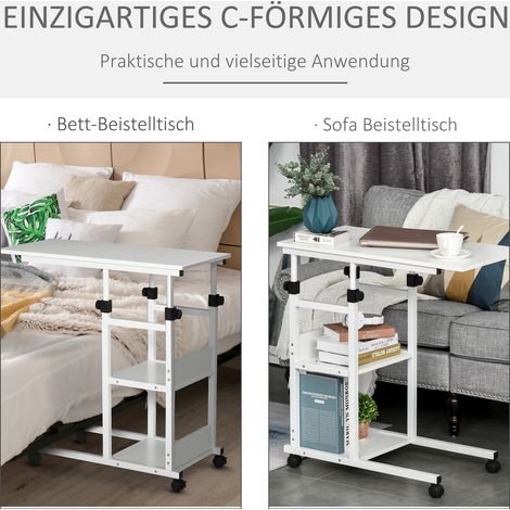 Table basse mobile réglable en hauteur, 2 plateaux, étagères métal blanc, 80x40x72-82 cm (1/4)