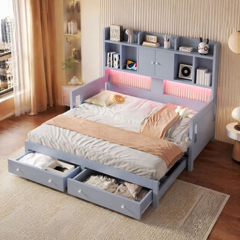 Canapé-lit extensible 90 x 190 / 180 x 190 avec rangements, prises et éclairage LED, gris HAVRYA (1/5)