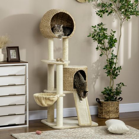 Árbol rascador beige 60 x 60 x 150 cm con caseta, hamaca, rampa y anti-vuelco OKMYHOME (1/5)
