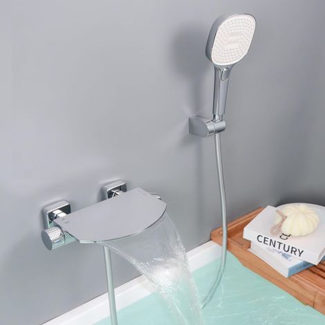 Robinet de Baignoire avec Douchette, Mitigeur Baignoire Cascade, Mitigeur Bain Douche Mural, Laiton, Chromé, 16Y1OK (1/5)