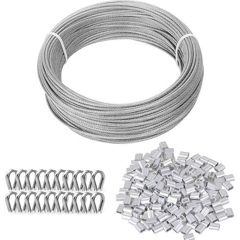 30M/3mm Metal Cable, 3mm PVC Coated Steel Cable, 304 Stainless Steel Rope with M3 Crimping Sleeves, M3 Lugs, for Outdoor Suspension, Clothesline, Climbing Plants (1/5)