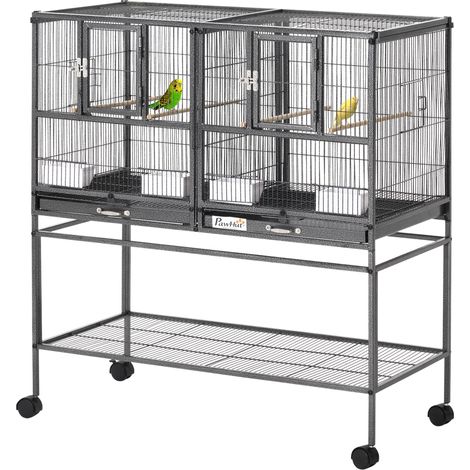 Cage à oiseaux avec séparation mangeoire et perchoir 95L x 45,5l x 102H cm Noir et Gris