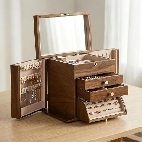 Boîte de rangement en bois pour femme, boîte à bijoux en bois massif à 4 couches, grande boîte de rangement vintage avec serrure et miroir pour femmes, filles, colliers, boucles d'oreilles (1/5)