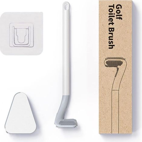 Brosse de Toilette de Golf, Brosse WC en Silicone, Manche Long Ensemble Toilette en Silicone avec Base à Ouverture Automatique et Anti-Fuite (Blanc avec Base) (1/5)