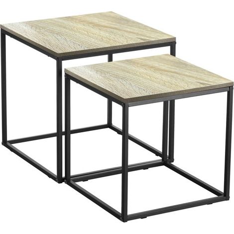 Tables d'appoint - JUANIO - Lot de 2 tables d'appoint carrées - Chêne - Panneau de particules & métal - 34x34x37/30x30x34 cm (1/3)
