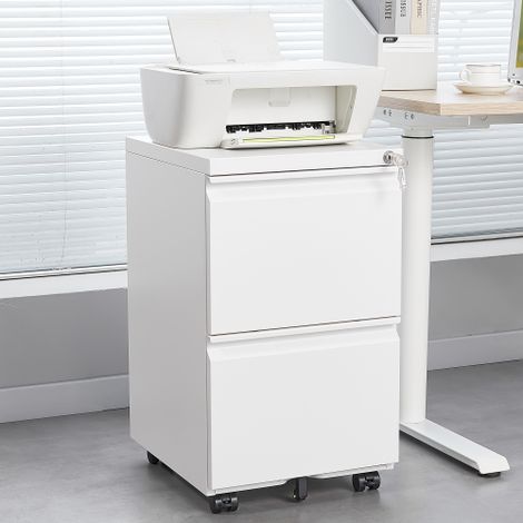 Armoire de classement métallique blanche à 2 tiroirs avec serrure, bureau en acier pour documents A4 et legal, hauteur 65 cm, design compact et professionnel