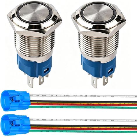2pcs 16mm Bouton Poussoir Momentané en Acier Inoxydable, Anneau de lumière LED, 12V-24V 5A 1NO1NC SPDT ON Off Bouton Étanche avec Fiche à Douille (Vert + Rouge) (1/5)