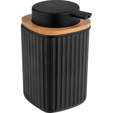 Distributeur de savon Rotello, contenance 250 ml, rechargeable, en plastique avec décoration en bambou, convient également pour du liquide vaisselle, 8,9 x 12,7 x 7,5 cm, noir/couleur naturelle (1/5)
