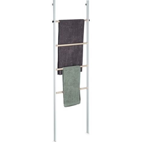 Relaxdays Porte-serviettes échelle, bois & métal, 4 barreaux, pour serviettes et vêtements HxLxP: 172,5x53x6 cm, blanc