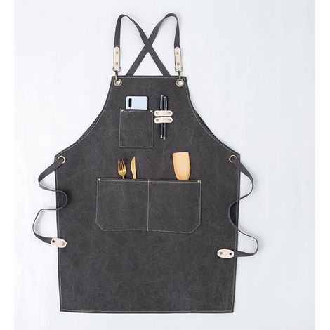 Tablier de travail homme/femme, tablier de cuisine, sangle en toile réglable avec 3 poches, tablier de charpentier pour barbecue, boulanger, charpentier, tatoueur, coiffeur, barista, peintre - Gris (1/5)