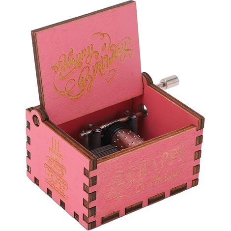 Boîte à musique miniature portable style vintage rose gravée, à manivelle, en bois, cadeau d'anniversaire (1/5)