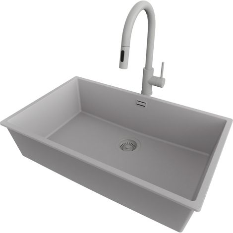 PRIMAGRAN Evier Cuisine en Granit 76x47cm,Lavabo 1 bac + Robinet 40x20cm + Kit de Vidage, Évier à Encastrer au meuble 80cm - London Slim, Gris (1/5)