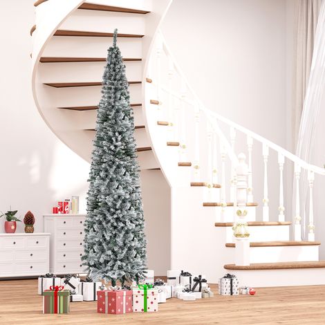 Sapin de Noël étroit de 270 cm, sapin de Noël enneigé avec 1 014 branches et support métallique, pour le salon, vert et blanc (1/5)