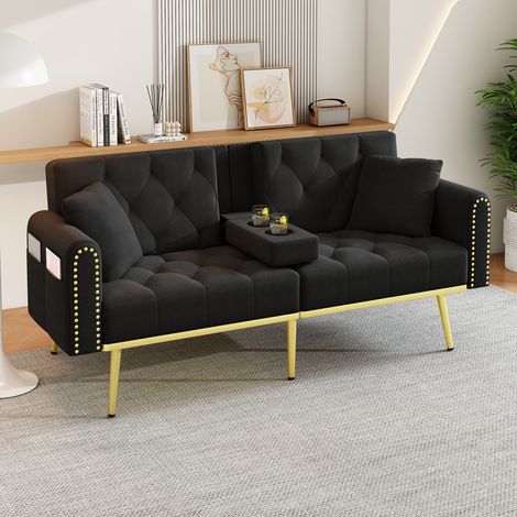 Canapé 2 places - avec fonction relax - 3 positions d'inclinaison réglables - porte-gobelet - noir (matelas non inclus) (1/5)