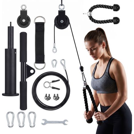 Relaxdays juego poleas 14 pzas, cable acero, cuerda tríceps, agarre barra, para techo y barra de dominadas, negro (1/5)