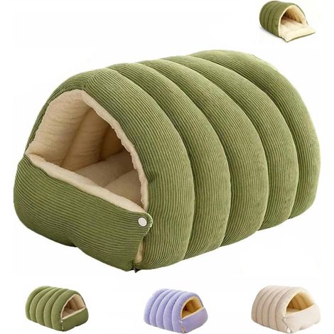 Lit Pour Chat Tente Tunnel - Molleton Doux Corduroy - Base Anti-Dérapante - Coussin Amovible - Vert - Taille S (1/5)