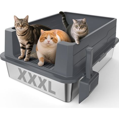 Bac à litière XXXL en acier inoxydable pour chat - Extra large - 71 x 51 x 30 cm - Bac à litière ouverte en acier inoxydable - Convient pour les grandes races de chats et les ménages à (1/5)