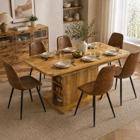 FurnitureR 130cm Dining Set for 6 with Brown Faux Suede Chairs (1/5)