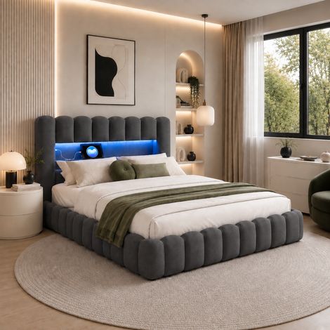 Lit coffre 160x200cm, sommier à lattes, lit double adult avec LED et ports USB, rangement hydraulique, lin gris