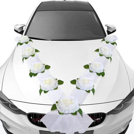 Décoration Voiture Mariage - ZGEER - Set 9 Roses Artificielles + 2 Tulles Blancs - 200cm - Mixte - Adulte (1/4)