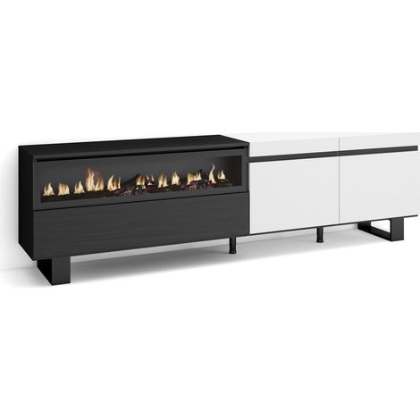 Skraut Home - Mueble TV, Televisión, Muebles de salón, almacenaje, 200x57x35cm, Para TV hasta 80", Chimenea eléctrica, Diseño industrial, Estilo Moderno, Blanco y negro (1/5)