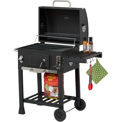 Carrito para barbacoa de carbón con tapa, bandeja ajustable y termómetro