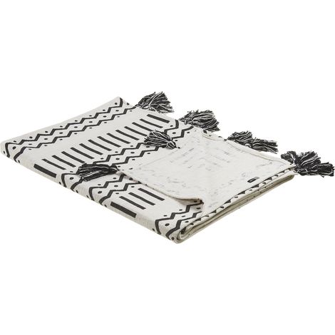 Manta de algodón negro blanco 130 x 180 cm patrón tribal africano flecos Unnao