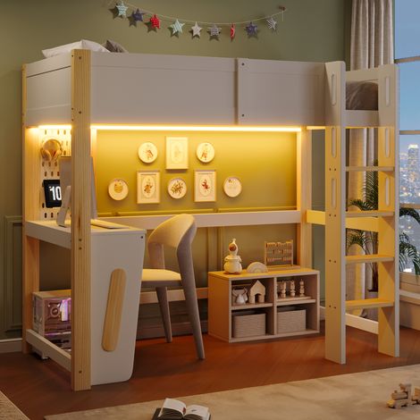 Lit mezzanine enfant en bois 90x200 cm avec bureau, éclairage LED réglable, panneau perforé, garde-corps, structure en pin et MDF - Blanc et Naturel (1/5)