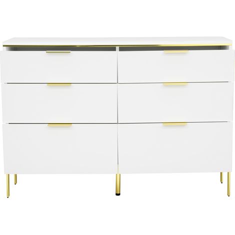 Buffet moderne blanc et or avec 6 tiroirs à haute brillance, meuble de rangement pour salon, salle à manger et entrée (1/5)
