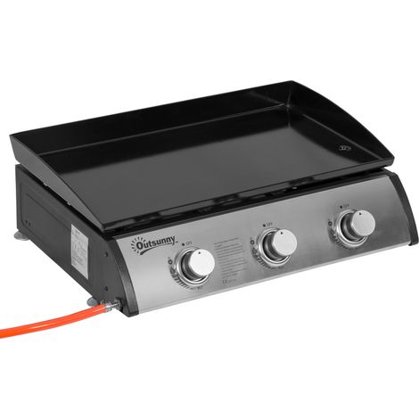Gasgrill mit 3 Brennern, Schlauch, Antihaft-Grillplatte, Edelstahl, Farbe: Silber, 63 x 48 x 21 cm