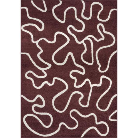 Tapis salon, 160 x 230 cm, motif abstrait graphique, bordeaux et beige, texture en relief saisissante, style contemporain (1/5)