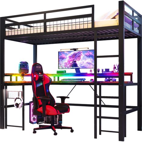 Lit mezzanine 90 x 200 cm avec bureau, LED multicolore, prises USB-C et rangement pegboard, structure métal et MDF noir CHICFURN (1/5)