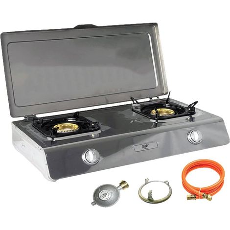 NSD-2C Edelstahl Camping Gaskocher 2 flammig mit Deckel Zündsicherung