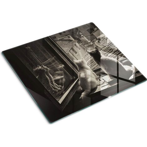 Planche de cuisine, couvre plaque, verre planche découper, verre trempé – 60 x 52 cm - Des chats à la fenêtre (1/5)