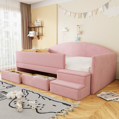 Lit rembourré velours 90x190cm canapé-lit multifonction rose tiroirs barrières marches, lit simple (sans Matelas) (1/5)