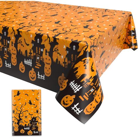 Nappe rectangulaire en plastique orange à motif citrouille effrayante pour Halloween, 130 x 220 cm (1/5)