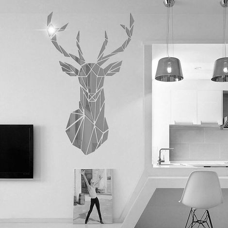 Autocollant Mural Miroir Bricolage en Cerf 3D, pour Salon, Sticker Mural en Cerf Acrylique Stickers Chambre à Coucher, Télévision, Canapé, Toile de Fond, Art Mural (86 51 cm, Argent), (1/5)
