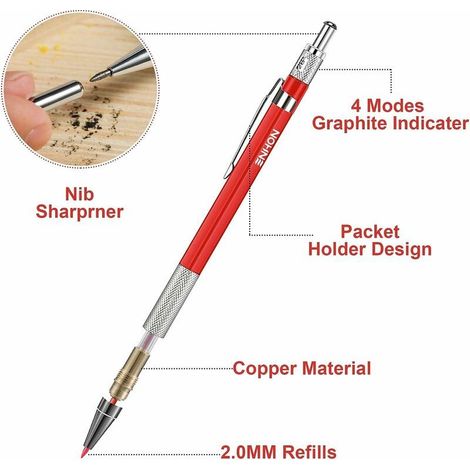 Set de crayons de charpentier Marqueurs de trous profonds avec 40 mines de crayon, 4 Porte-mines avec taille-crayon intégré, crayons de charpentier Outils de marquage pour le chantier (1/4)