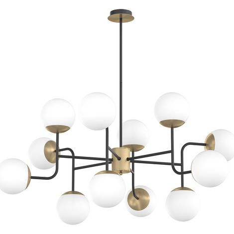 Lampadario Moderno Clear Metallo Nero E Ottone Vetro Bianco 12 Luci E27 (1/2)