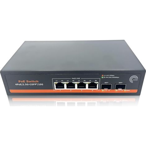 Elfcam® - PoE Commutateur à Fibre Optique 10Gb Compatible avec Cisco et Freebox Ultra , avec 2 Ports 10G SFP+ et 4 Ports 2.5 Gigabit Ethernet RJ45 PoE, Plug & Play Non Géré
